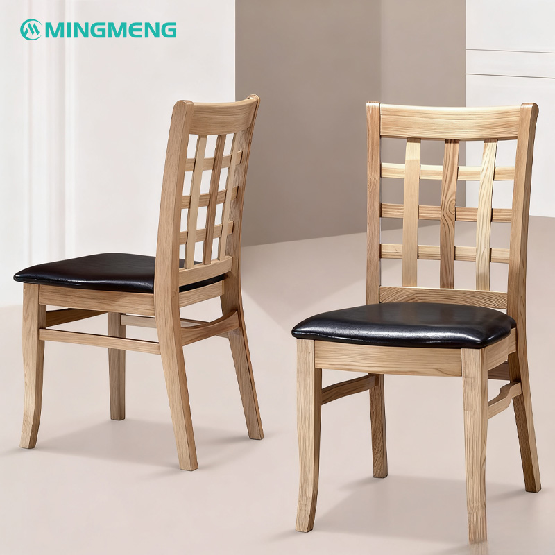 Solid Wood Chair with Lattice Back Design & Black Leather Seat2 Solid wood chair with lattice backrest and black leather seat, designed for café and restaurant seating