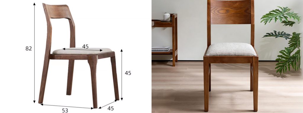 Dark Wood Frame with Grey Cotton-Linen Upholstered Restaurant Chair4 Wooden dining chair with fabric upholstered seat, ergonomic backrest, and detailed size dimensions (82cm height, 53cm depth, 45cm seat height)