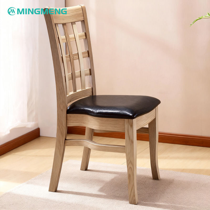 Solid Wood Chair with Lattice Back Design & Black Leather Seat1 Restaurant solid wood dining chair with lattice back design and padded black leather seat, ideal for cafes and dining spaces