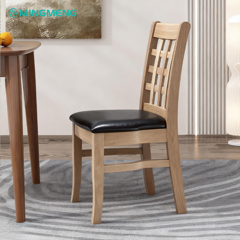 Solid Wood Chair with Lattice Back Design & Black Leather Seat Solid Wood Restaurant Chair with Lattice Back and Black Leather Seat