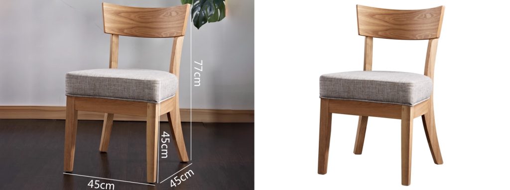 Nordic Style Dining Chair – Solid Wood Frame with Cotton4 Solid wood dining chair with grey cushion, dimensions 45x45x77cm