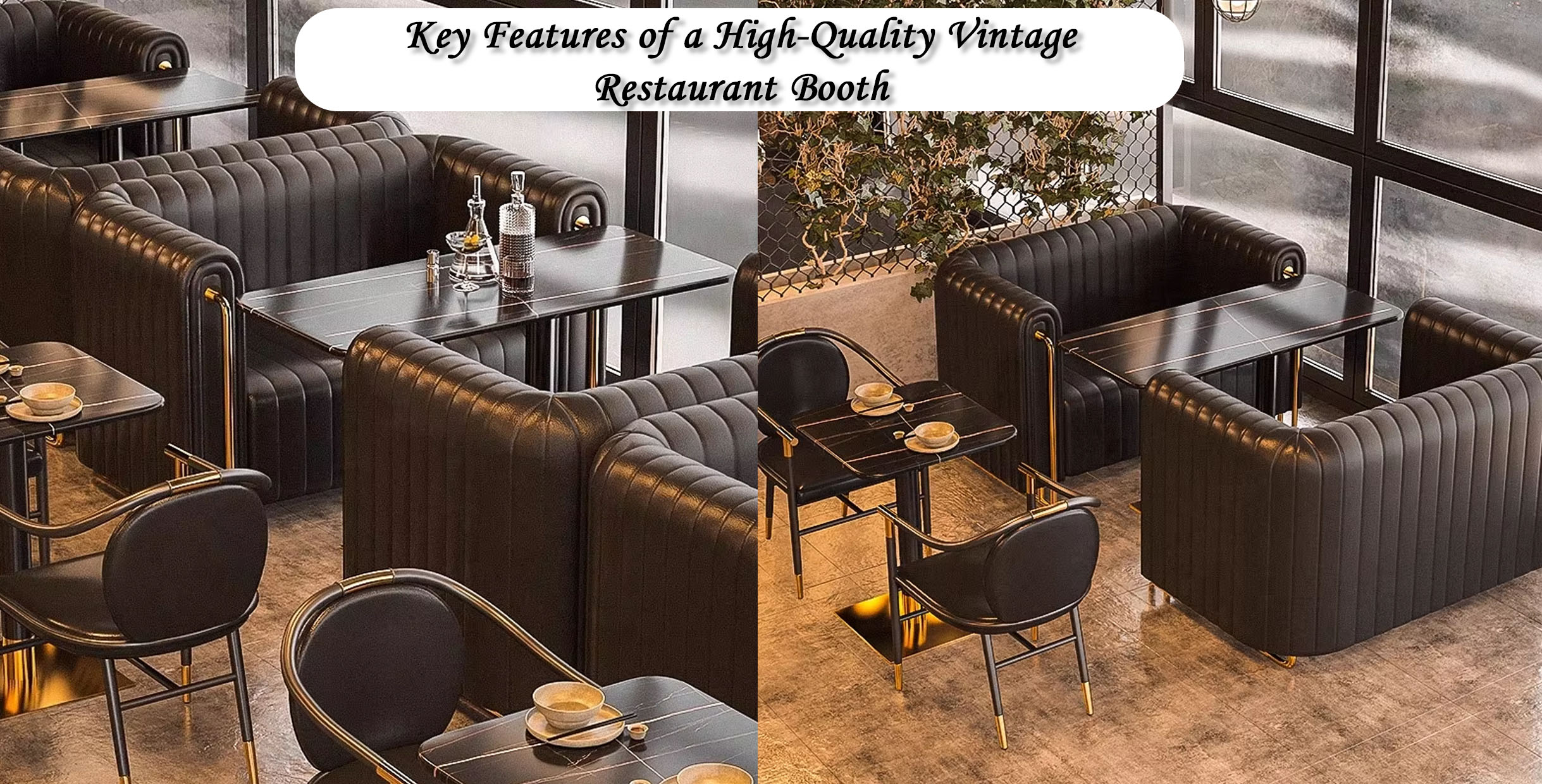 Vintage restaurant booth with black leather seating and gold metal accents