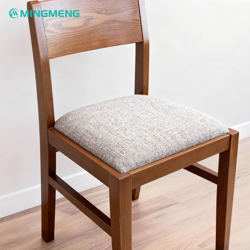 Dark Wood Frame with Grey Cotton-Linen Upholstered Restaurant Chair Solid wood restaurant chair featuring a light beige fabric upholstered seat and natural wood backrest