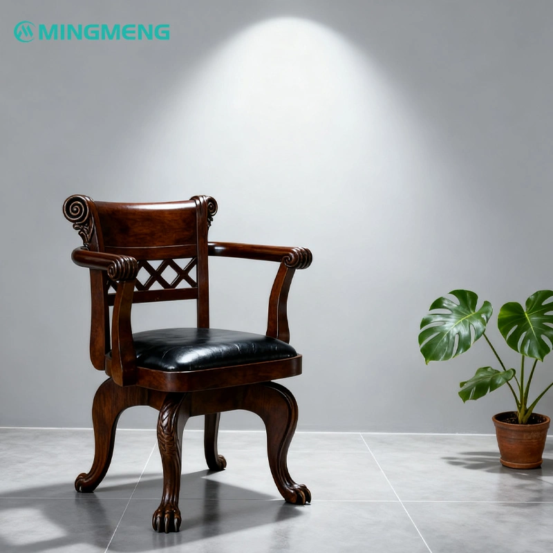 Designer Mid-Century Restaurant Chair Classic dark wood restaurant chair with black leather seat, lattice back design, and carved details, placed near a monstera plant