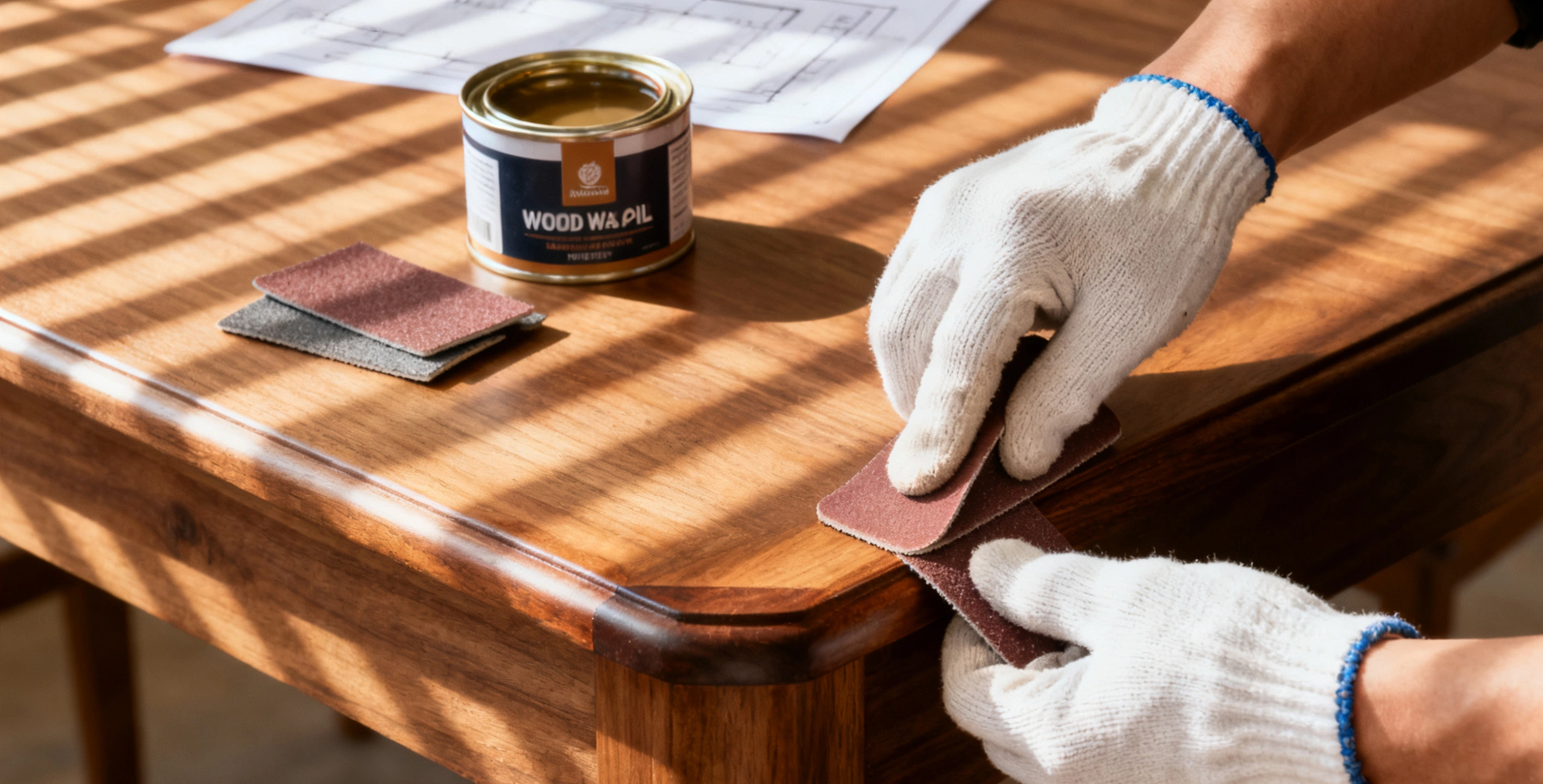 The Real Guide for Restaurant Owners: Choosing the Right Tabletop for Custom Restaurant Furniture9 Craftsman polishing custom wood restaurant tabletop with sandpaper and finishing oil at Mingmeng Furniture workshop