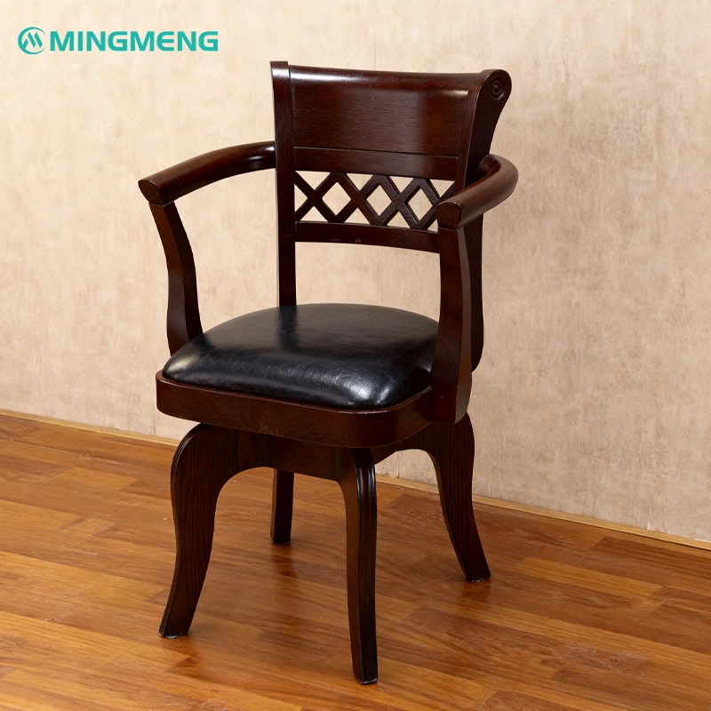 Designer Mid-Century Restaurant Chair1 Dark wood restaurant chair with black leather seat and lattice back design, placed on wooden floor