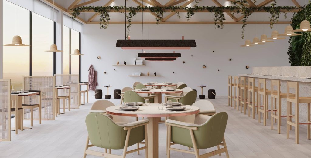 Eco-friendly high end restaurant furniture made from sustainable wood and brass.