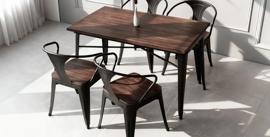 Industrial wood and metal restaurant dining table set with modern base design in sunlight interior