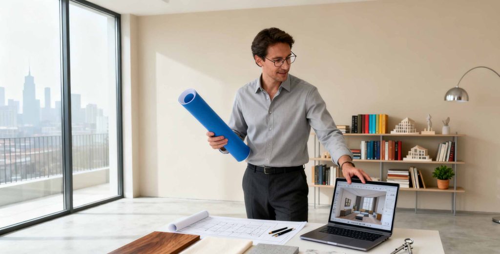 Interior designer working on modern office design project with blueprints and 3D model on laptop