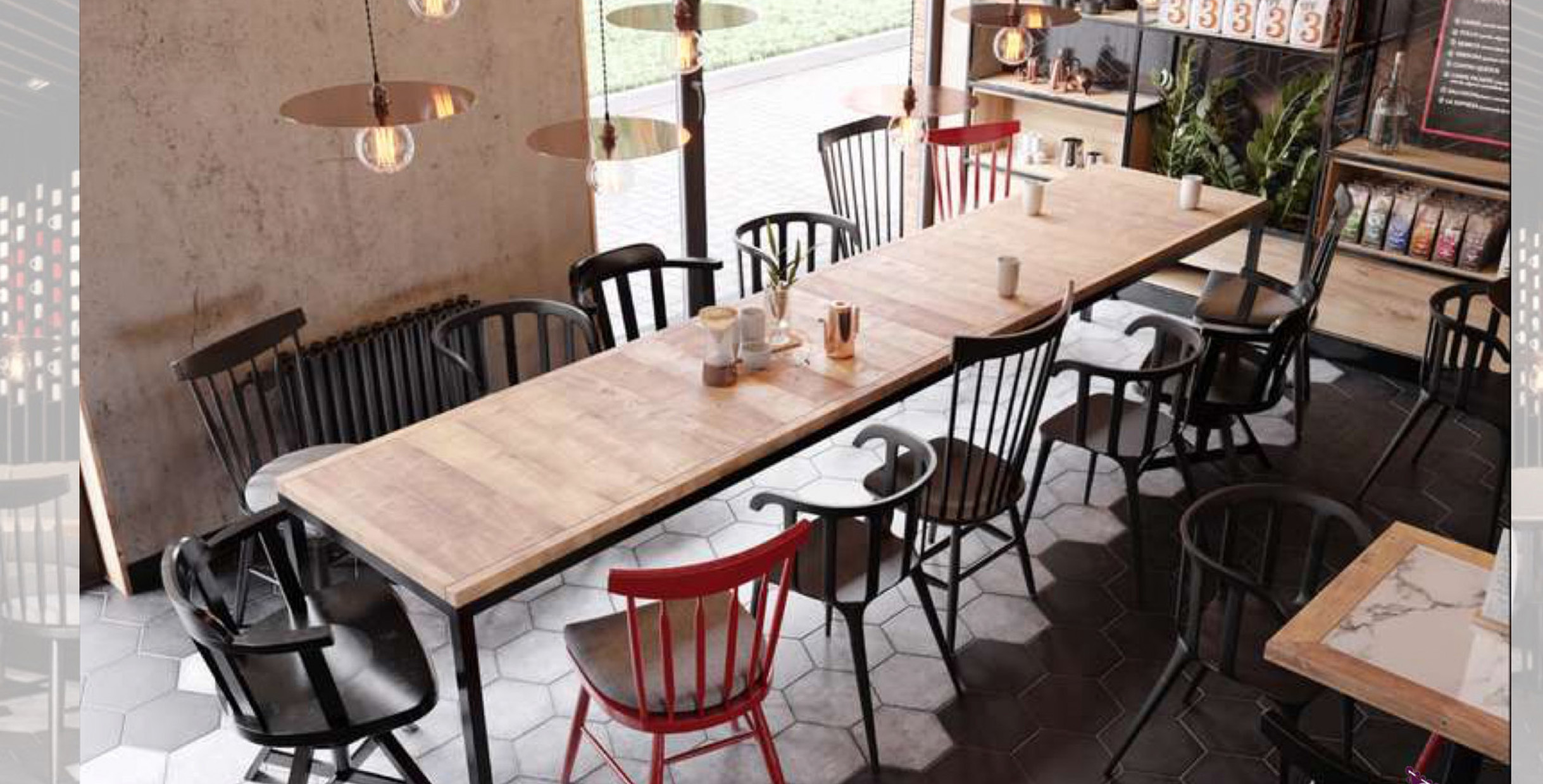 fé table and chair sets in industrial style with wooden tabletop and black metal frame chairs inside modern coffee shop
