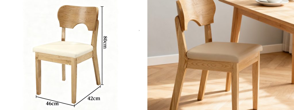 Custom Light Wood Dining Chair4 Mingmeng light wood restaurant chair with curved backrest and beige upholstered seat, 80cm height with 46x42cm base dimensions