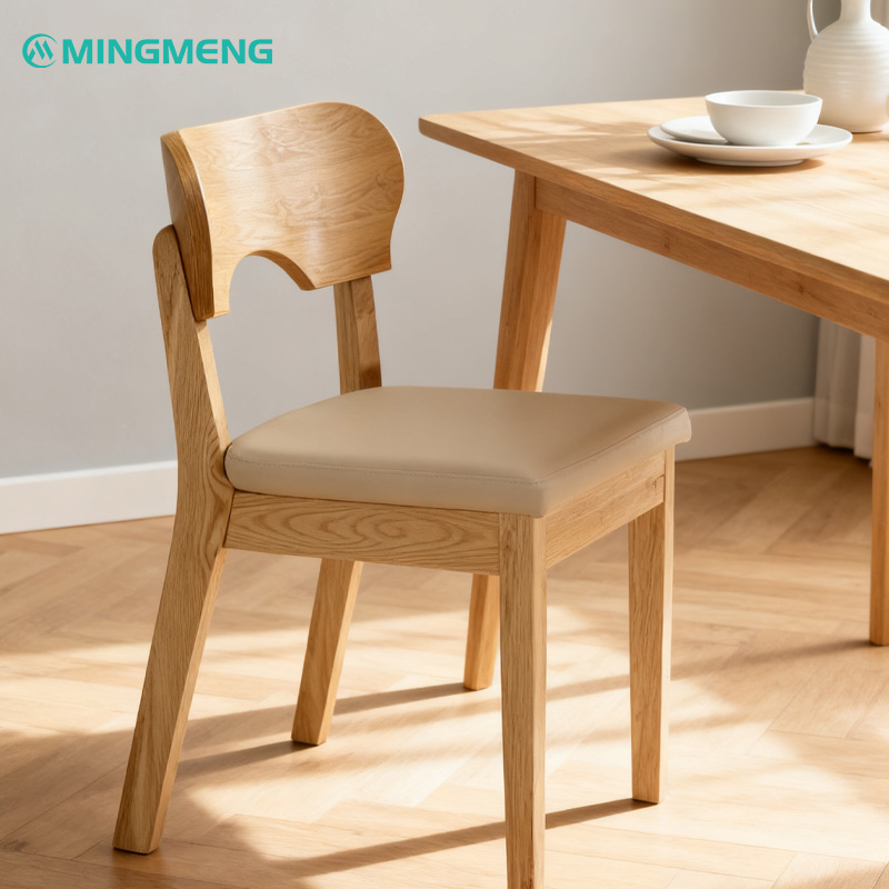 Custom Light Wood Dining Chair1 Mingmeng light wood restaurant chair with curved backrest and beige upholstered seat beside wooden dining table