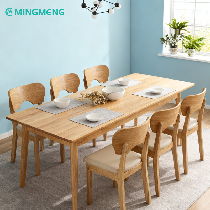 Custom Light Wood Dining Chair2 Mingmeng light wood restaurant furniture set with rectangular dining table and beige cushioned chairs in modern dining space