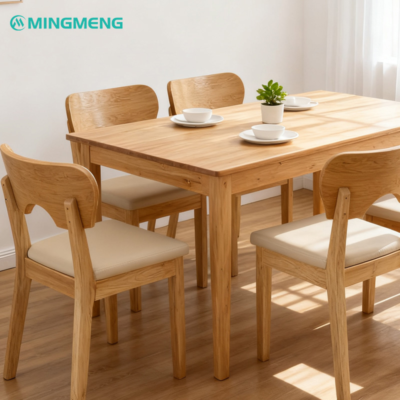 Custom Light Wood Dining Chair Mingmeng light wood restaurant furniture set with beige cushioned chairs and rectangular wooden dining table in bright interior