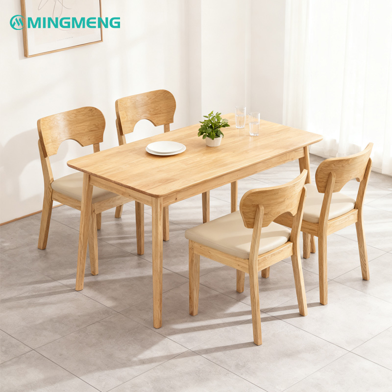 Custom Light Wood Dining Chair3 Mingmeng light wood restaurant furniture set with rectangular dining table and beige cushioned chairs in bright modern interior