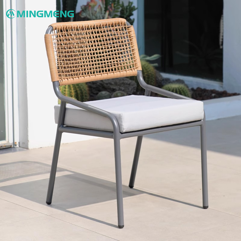 Custom Nordic Outdoor Rattan Dining Chair Mingmeng outdoor chair with modern design, featuring a stylish woven backrest and comfortable cushioned seat, perfect for outdoor seating.