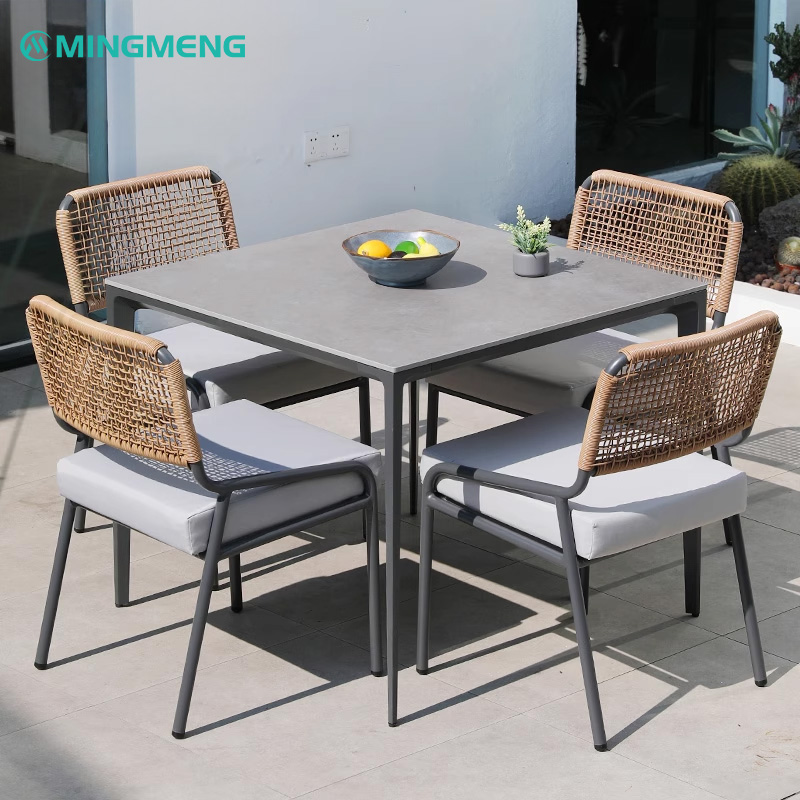 Custom Nordic Outdoor Rattan Dining Chair3 Mingmeng outdoor chair with woven backrest and cushioned seat, perfect for outdoor dining and lounge areas.
