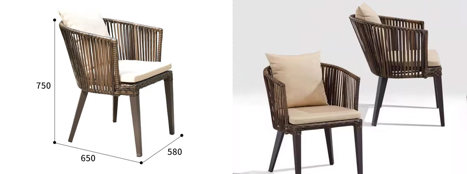 Outdoor Aluminum Frame Rattan Chair | Handwoven PE Wicker Patio Chair4 Outdoor PE rattan armchair with beige cushion and size dimensions by MINGMENG