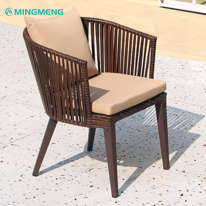 Outdoor Aluminum Frame Rattan Chair | Handwoven PE Wicker Patio Chair Outdoor rattan dining chair with beige cushion and brown aluminum frame by MINGMENG