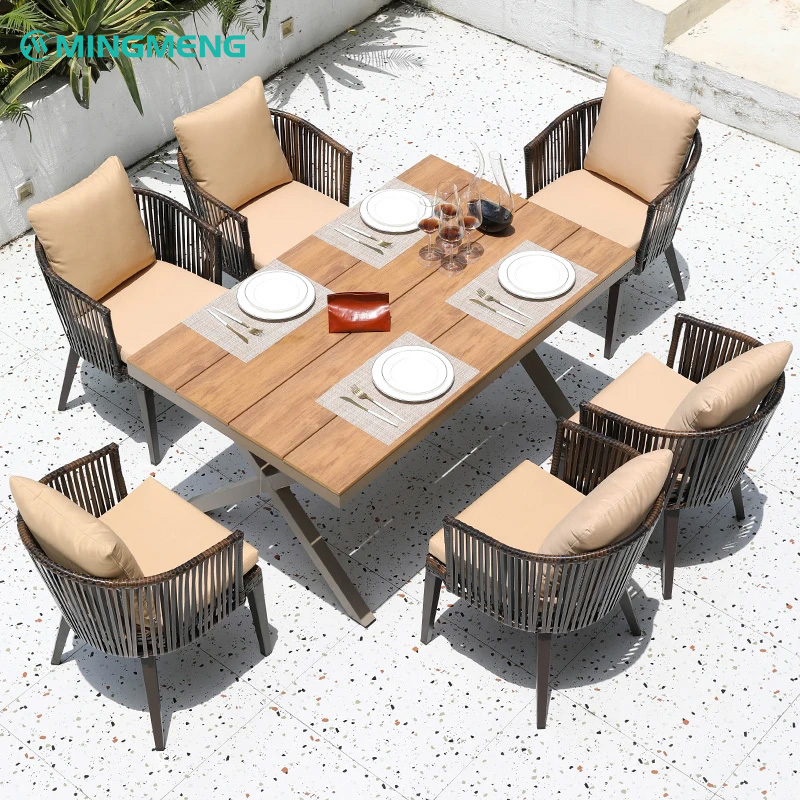 Outdoor Aluminum Frame Rattan Chair | Handwoven PE Wicker Patio Chair3 Outdoor rattan dining set with wooden table and beige cushion chairs by MINGMENG
