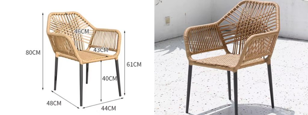 MIER Outdoor Rattan Armchair4 Mingmeng rattan outdoor dining chair with detailed size dimensions for seat height, width, and backrest.