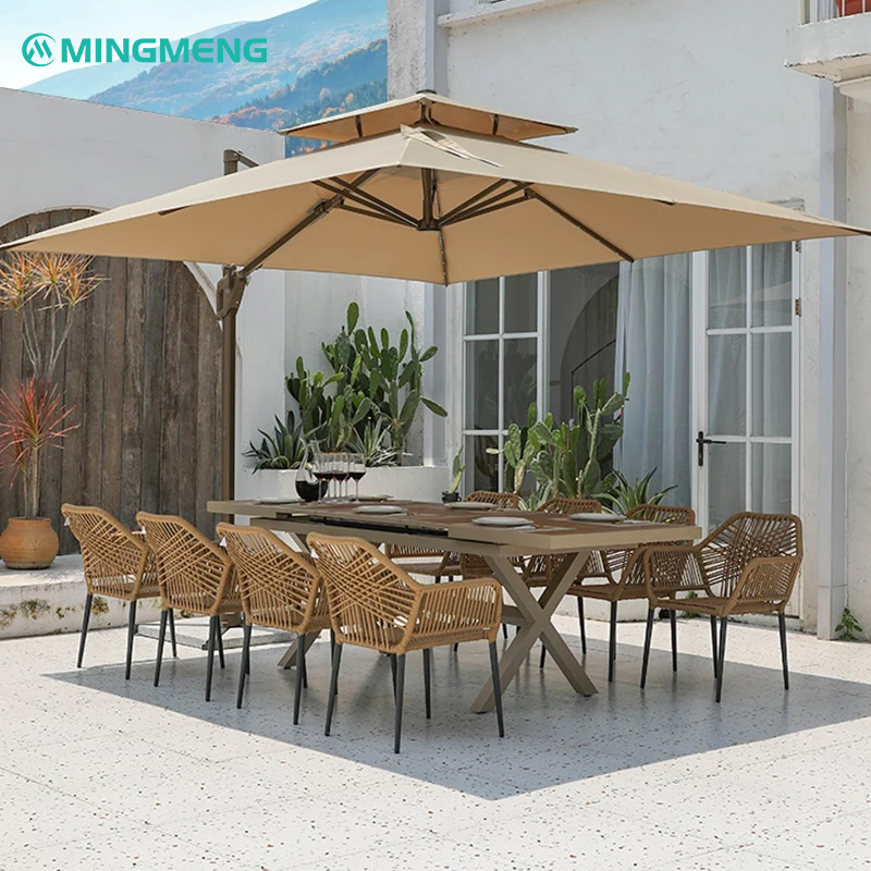 MIER Outdoor Rattan Armchair2 Mingmeng rattan outdoor dining set with aluminum table and large patio umbrella in modern courtyard
