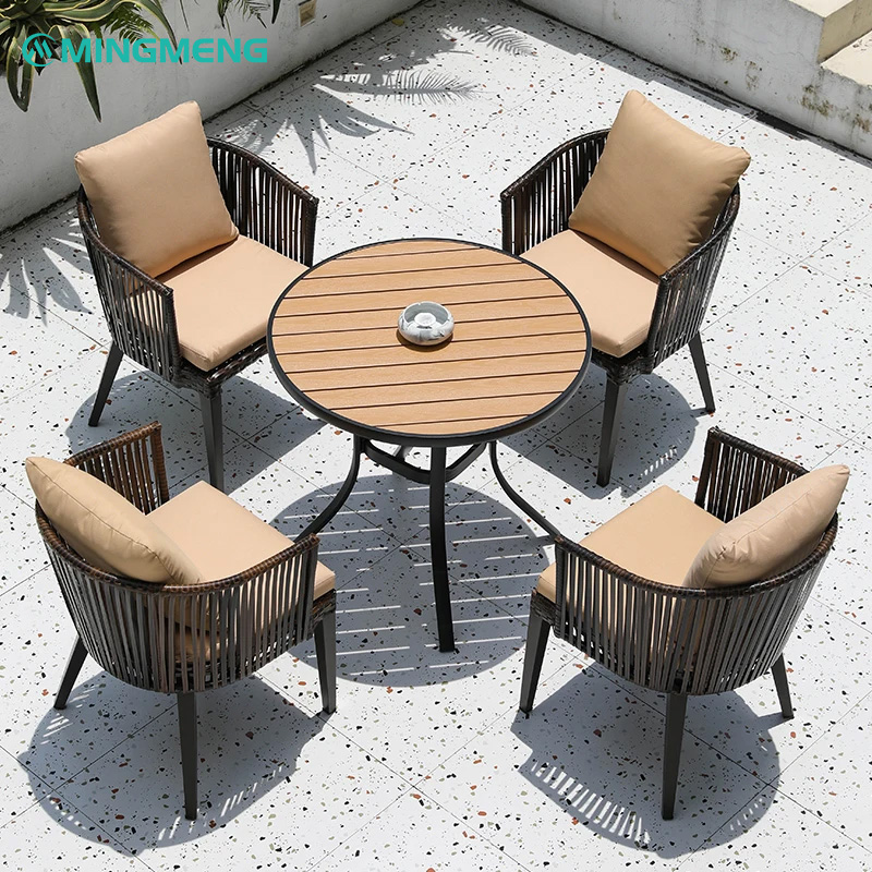 Outdoor Aluminum Frame Rattan Chair | Handwoven PE Wicker Patio Chair2 Round outdoor rattan dining set with wooden top table and beige cushion chairs by MINGMENG