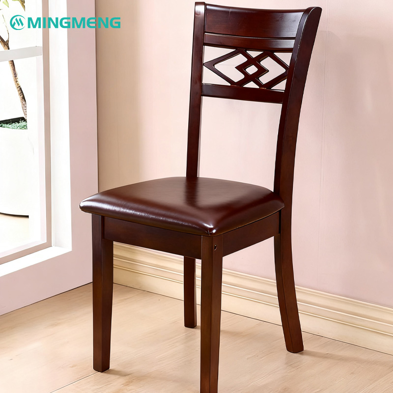 Vintage Solid Wood Coffee Chair – Dark Walnut Finish with Carved Backrest Mingmeng vintage wooden restaurant chair with dark brown leather seat and classic carved backrest, perfect for café or restaurant use.