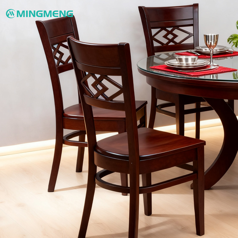 Vintage Solid Wood Coffee Chair – Dark Walnut Finish with Carved Backrest2 Mingmeng vintage wooden restaurant chairs in dark brown finish, paired with round dining table, ideal for classic café and restaurant interiors.