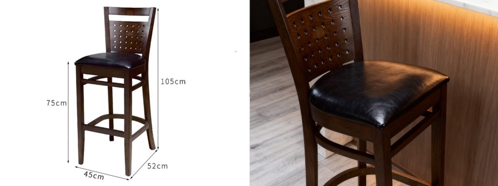 Custom Solid Wood Bar Stool – High Back Design with Perforated Backres4 Mingmeng wooden bar stool with perforated backrest and black leather seat, 105cm height with 45x52cm base dimensions