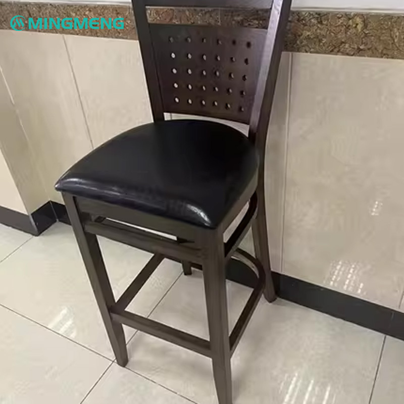 Custom Solid Wood Bar Stool – High Back Design with Perforated Backres2 Mingmeng wooden bar stool with perforated backrest and black leather cushion for restaurant and bar interiors