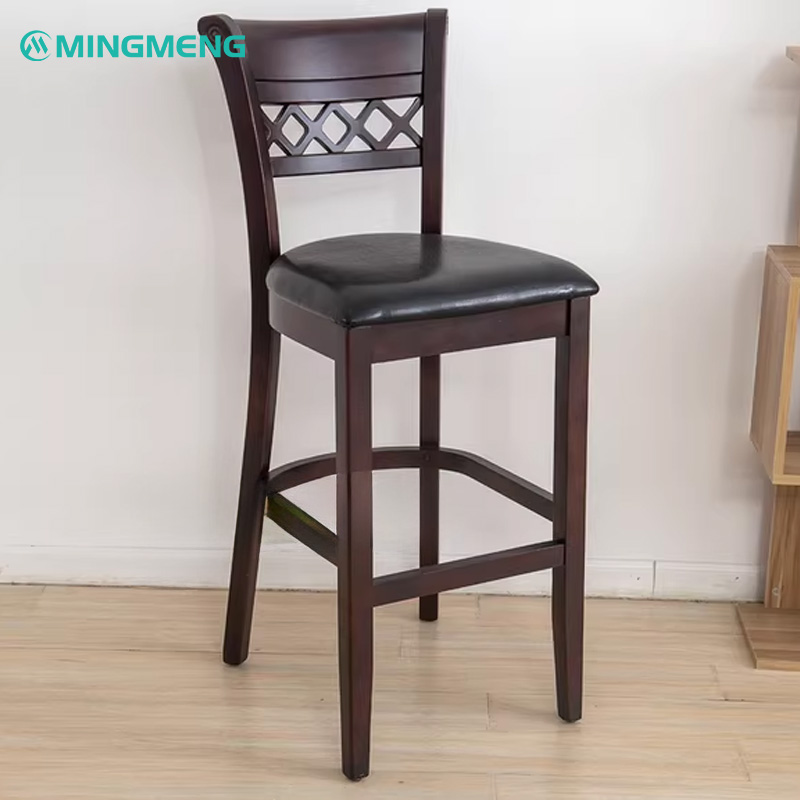 Vintage Dark Walnut Bar Stool1 Elegant Mingmeng wooden bar stool featuring a dark walnut frame, cushioned black leather seat, and diamond lattice backrest design ideal for restaurants, bars, and cafes.