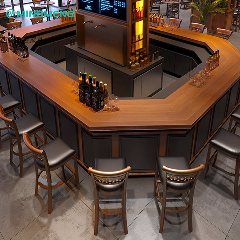 Vintage Dark Walnut Bar Stool2 Modern restaurant bar setup featuring Mingmeng wooden bar stools with black leather seats and curved backrests around a warm walnut bar counter.