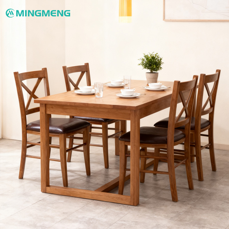 Classic X-Back Solid Wood Restaurant Chair3 Mingmeng X-back dining chairs with brown leather seats paired with a matching solid wood table in a bright modern dining room setup.