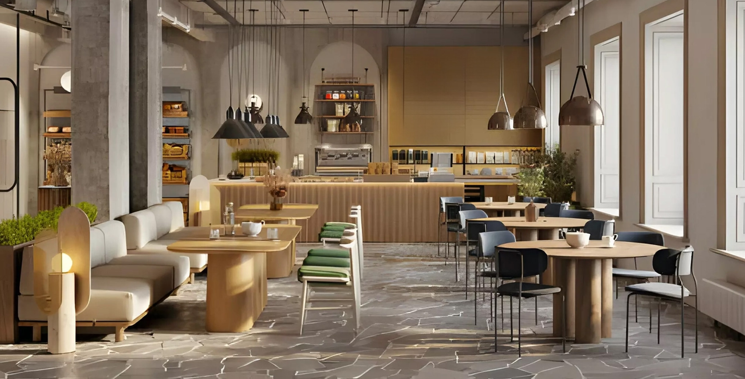 Mingmeng’s Modern Restaurant Furniture Sets — Where Function Meets Aesthetics5 Modern café interior with Mingmeng restaurant furniture sets featuring wooden tables, upholstered booths, and pendant lighting