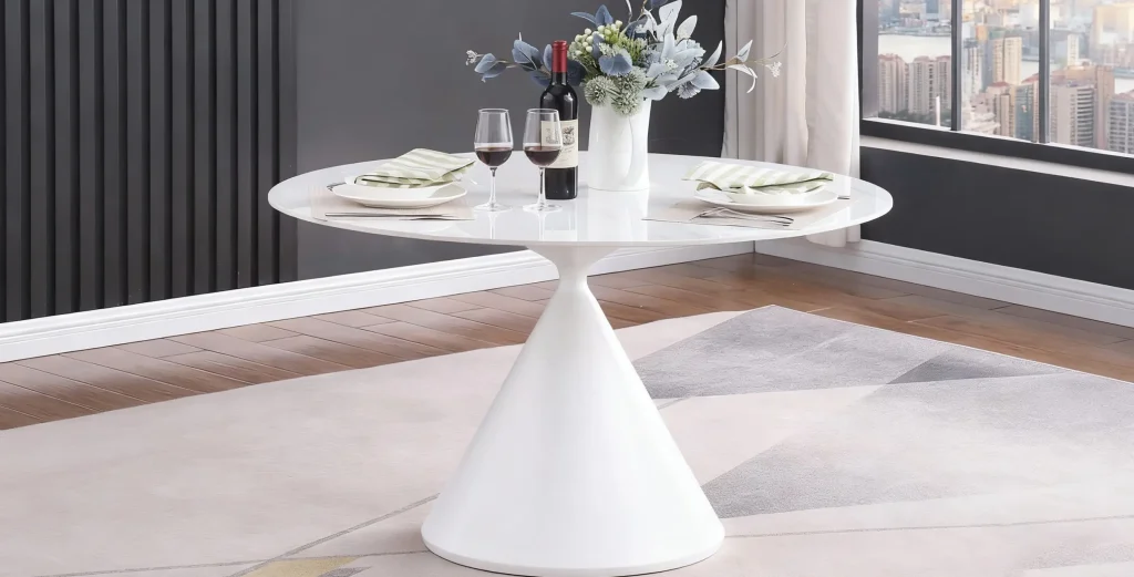 2025 Trends: Modern Restaurant Table Bases for Minimalist Interiors2 Modern restaurant table with white conical pedestal base and marble top in elegant dining space
