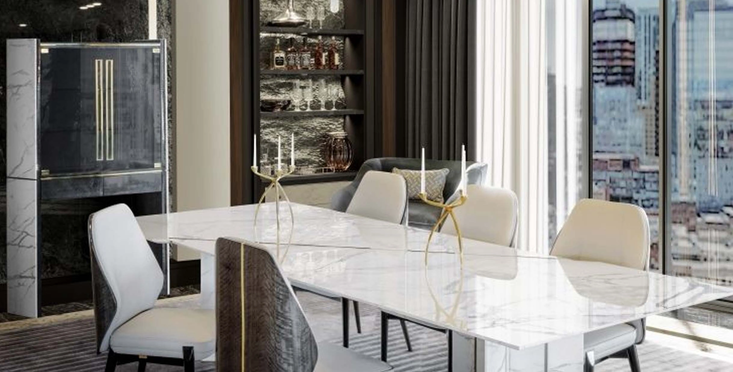 Modern restaurant interior featuring marble-top dining tables, contemporary upholstered chairs, and elegant lighting in a luxurious neutral tone design.