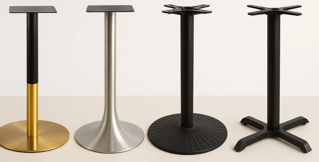 Assorted modern metal restaurant table bases in gold, silver, and black finishes