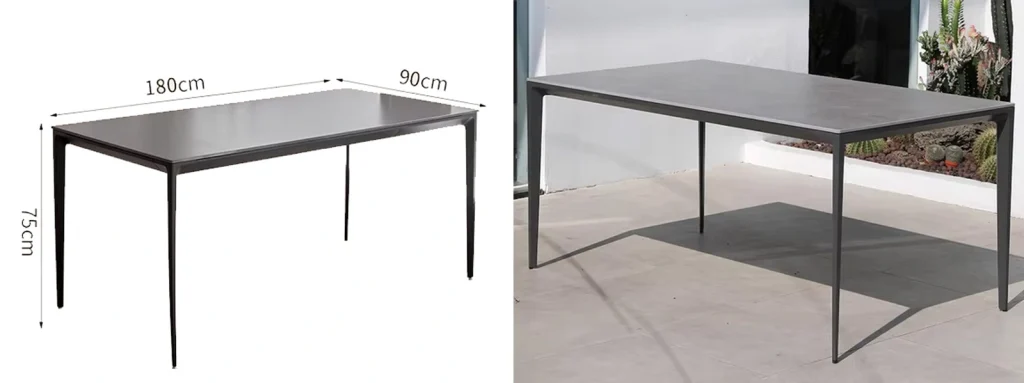 Outdoor Garden Dining Table With Sintered Stone Top4 Outdoor ceramic dining table dimensions 180×90×75cm, sleek gray tabletop with metal frame, ideal for patio, garden, or restaurant outdoor use.
