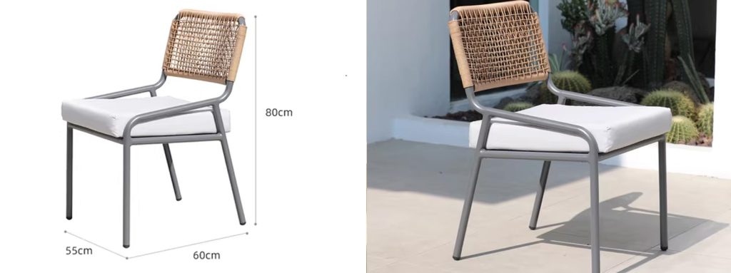 Custom Nordic Outdoor Rattan Dining Chair4 Outdoor dining chair with woven backrest and white cushion on a modern patio.