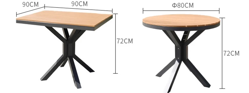 WPC Slatted Top with Aluminum X-Base Outdoor Table4 Outdoor dining tables with round and square designs, featuring aluminum frames and wooden tops.