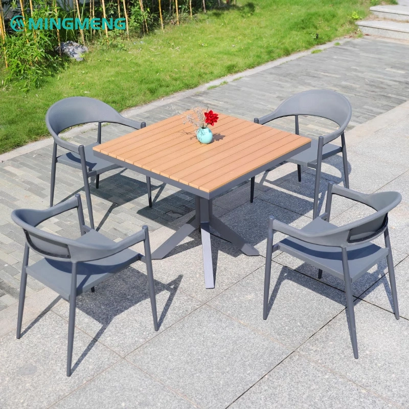 WPC Slatted Top with Aluminum X-Base Outdoor Table2 Outdoor dining set featuring a square table with a wooden top and modern gray chairs, perfect for outdoor settings.