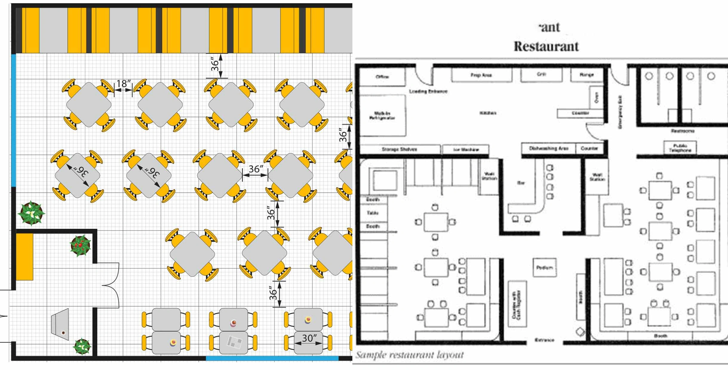 Restaurant layout floor plan showing dining table arrangement, booth seating, and kitchen design for commercial spaces
