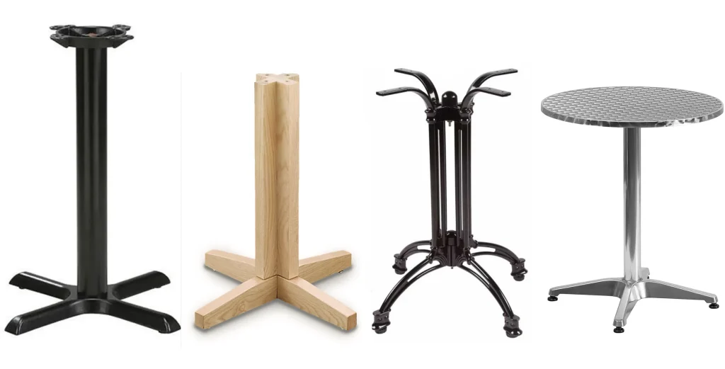 Comparison of restaurant table bases made of cast iron, wood, aluminum, and steel in various designs