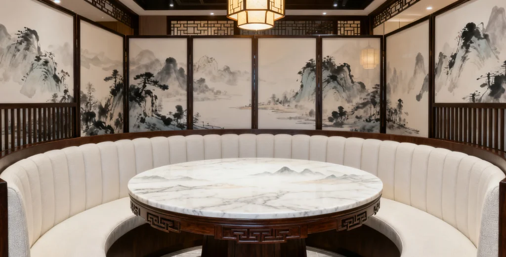 The Real Guide for Restaurant Owners: Choosing the Right Tabletop for Custom Restaurant Furniture6 Sintered stone round restaurant table with upholstered booth seating and elegant traditional decor