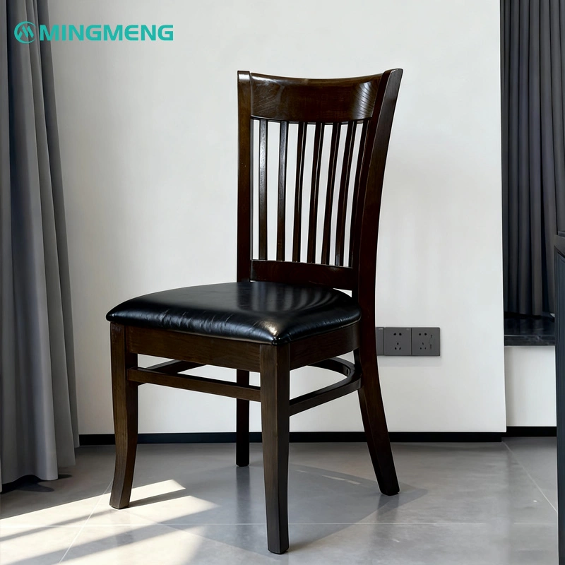 High Back Wooden Restaurant Chair with PU Leather Seat3 Classic solid wood restaurant chair with slatted back and black leather cushion by Mingmeng, ideal for upscale dining spaces.