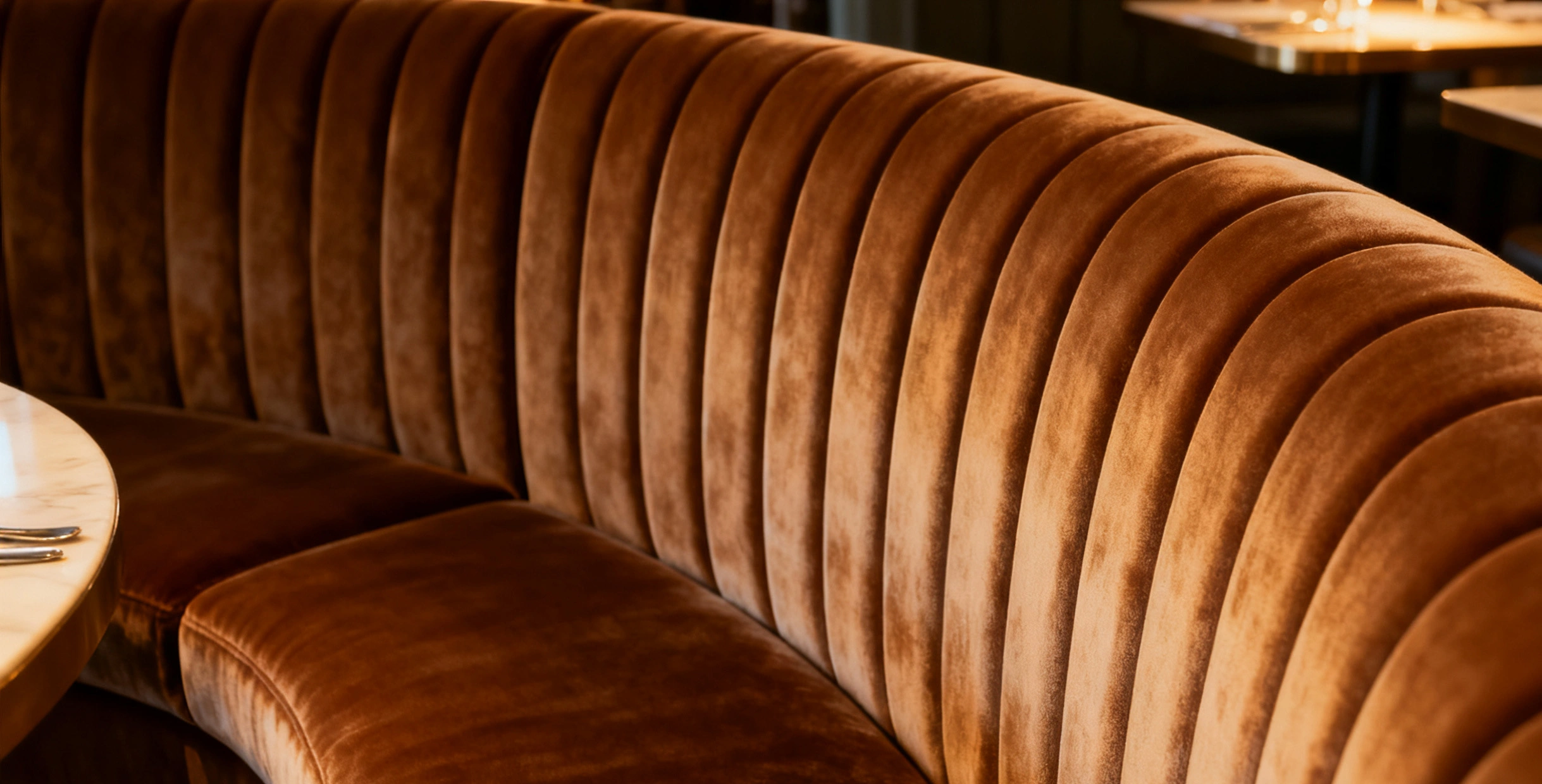 Circular Restaurant Booth Designs to Elevate Dining Spaces2 Detail view of tufted curved restaurant booth upholstery with smooth contour and soft fabric texture