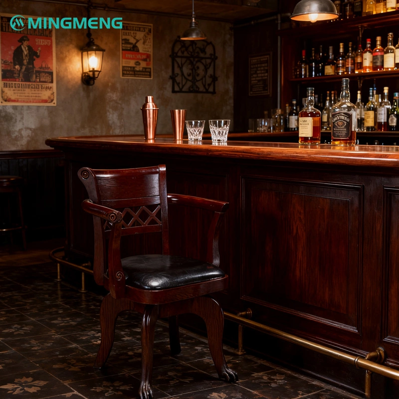 Designer Mid-Century Restaurant Chair3 Vintage bar interior with dark wood restaurant chair featuring black leather seat and lattice back design, plus wooden bar and liquor bottles