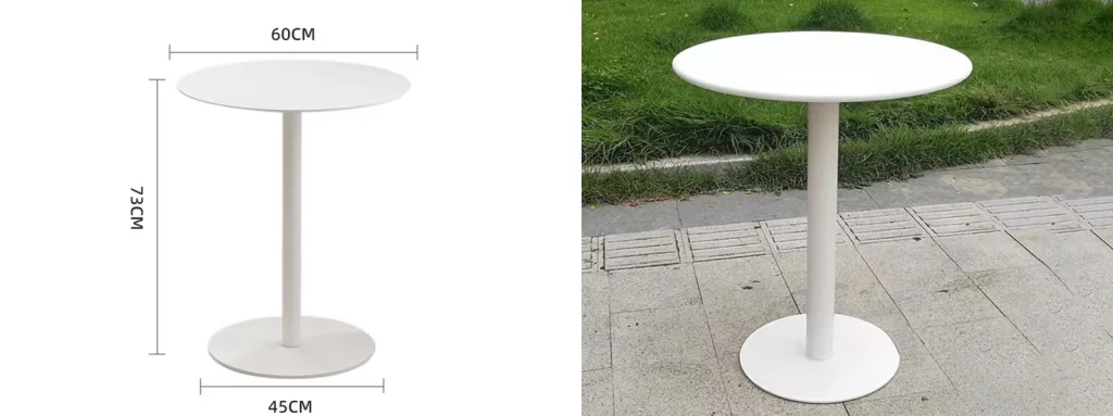 Custom White Outdoor Garden Dining Table4 White outdoor round table with a pedestal base and 45cm diameter, designed for patio and garden settings.