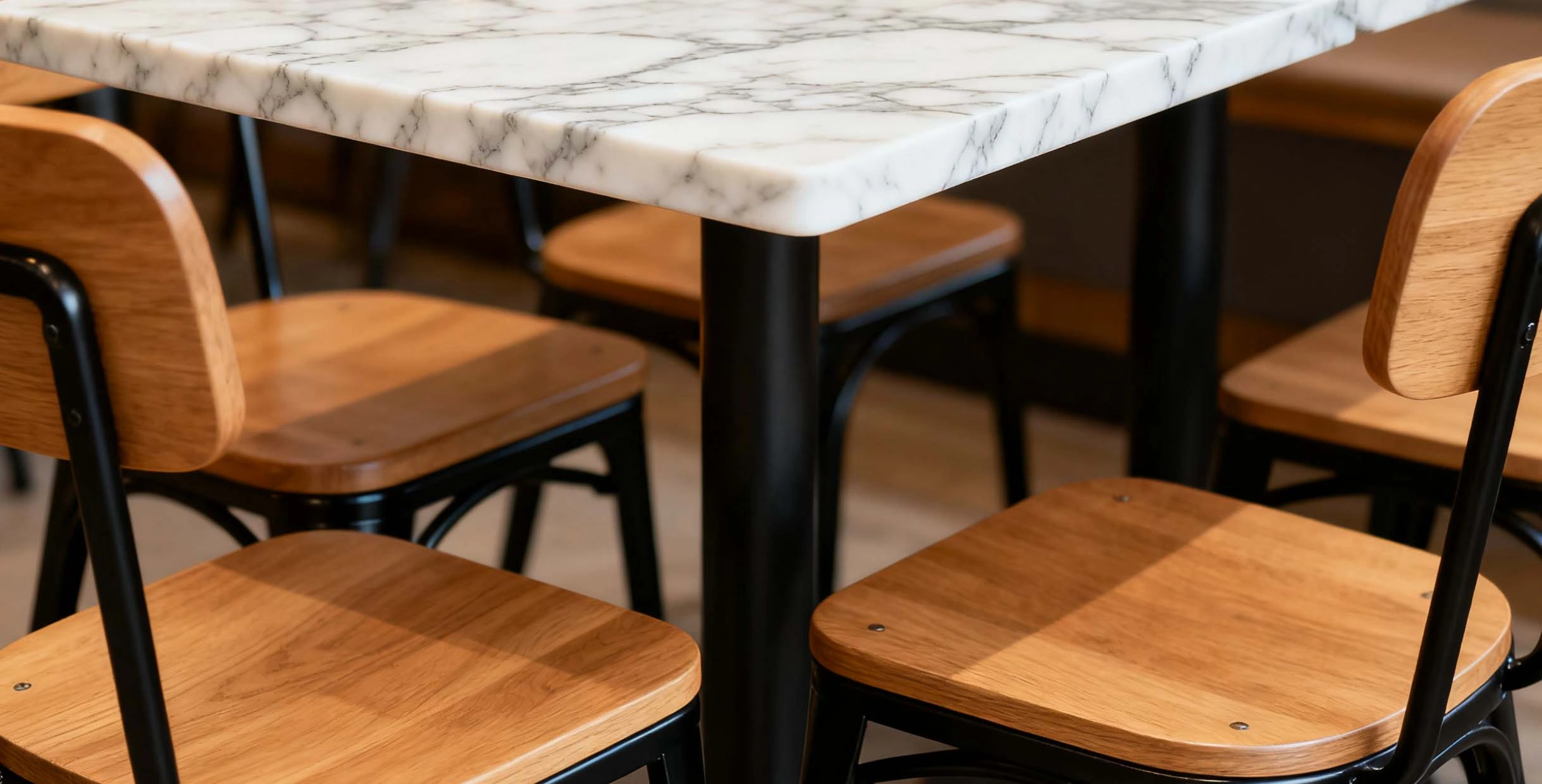 Close-up of wood and metal restaurant chairs arranged around a marble-top dining table, showcasing durable modern furniture for cafes and restaurants.